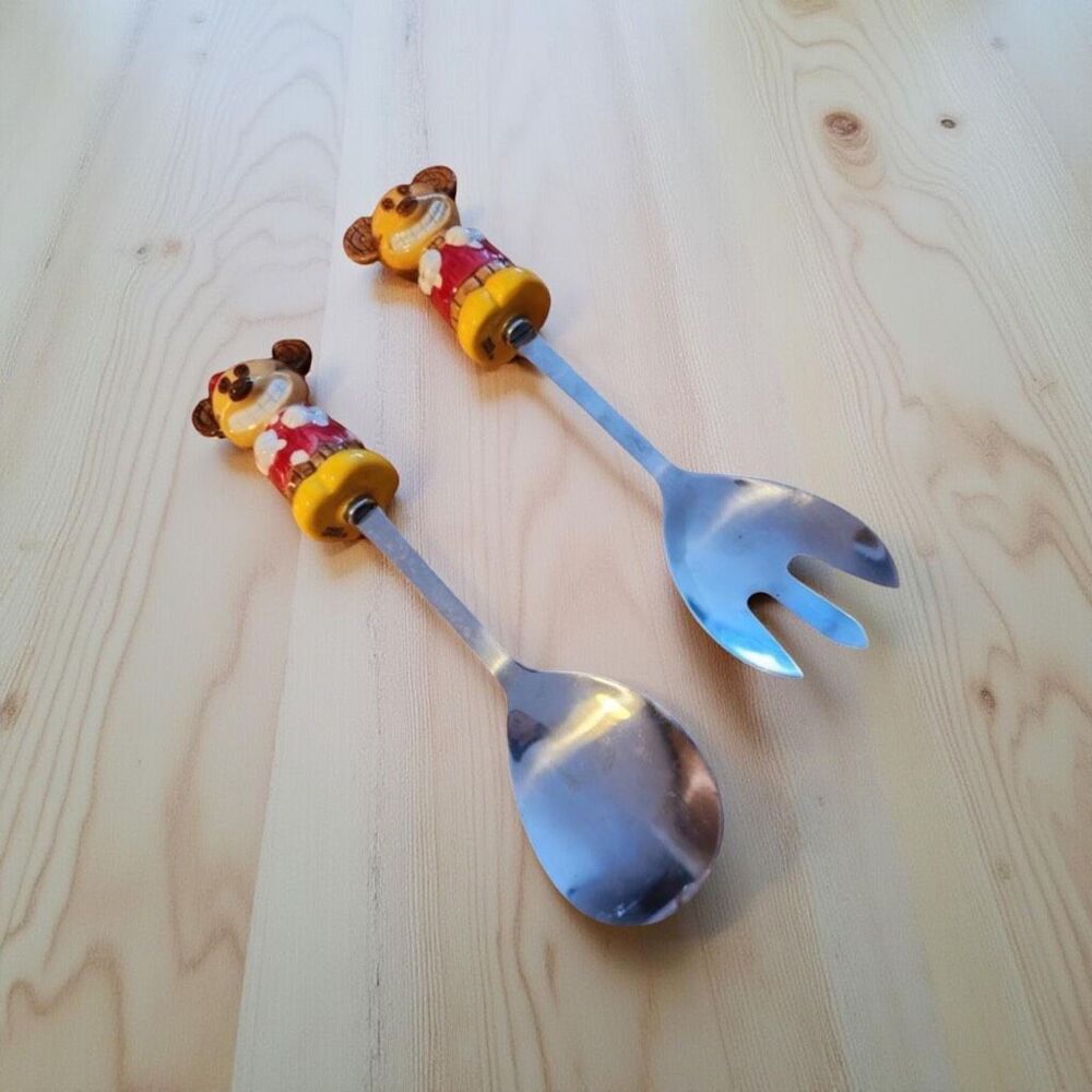 Disney Store Tiki Kingdom Mickey Minnie Mouse Serving Stainless Fork & Spoon Set